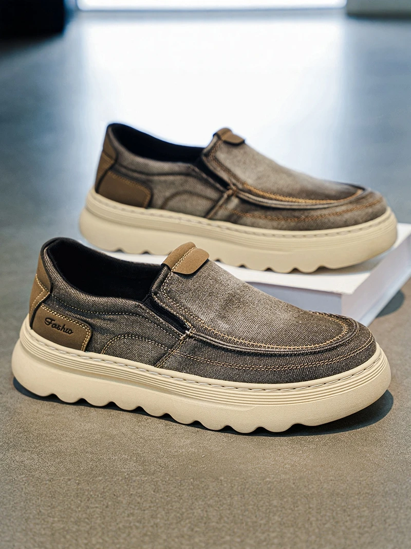 

Men's Canvas Slip-On Sports Shoes Summer Casual Retro Versatile Thick Bottom Beijing Style Shoes Breathable Low Top round Toe