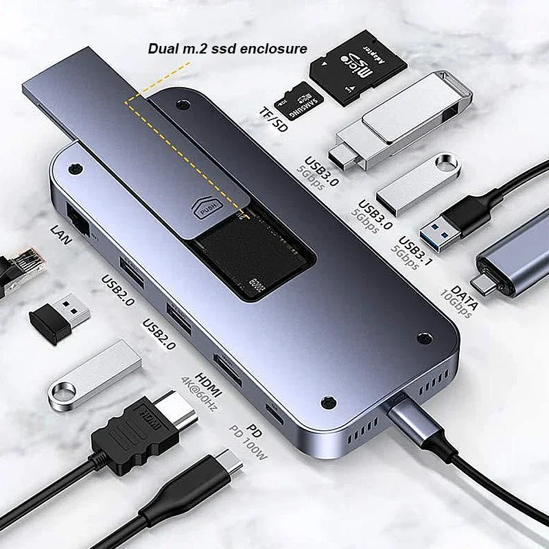

Multiport 12 port Type C Hub 12 in 1 USB Hub for M.2 SSD Case+LAN+USB 2.0*2+HD-MI+PD 100W+SD+TF+USB 3.0*2+USB 3.1+Type C DATA