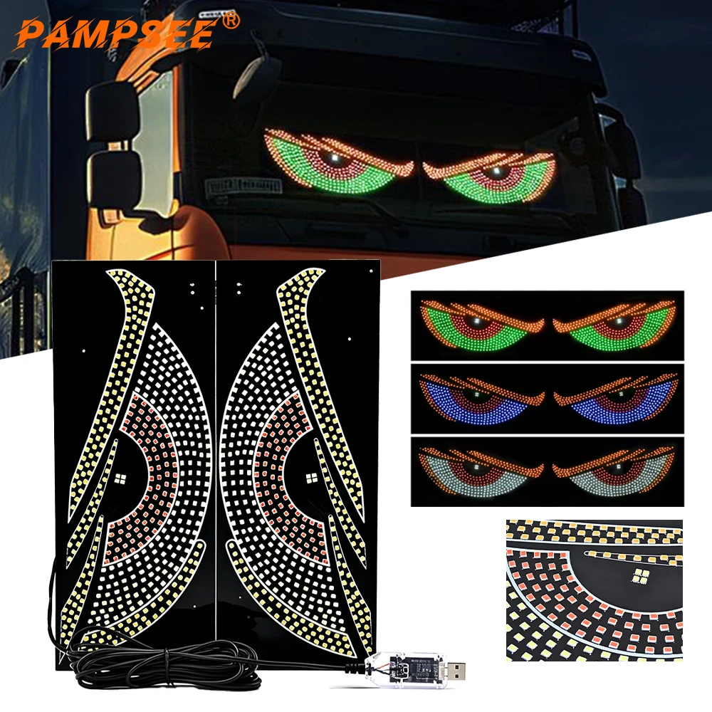 2PCS Universal RGB Dynamic Demon Eye LED Light USB 5V Animated Blinking Pixel Panel Auto Windshield Decor Front Rear Dynamic La