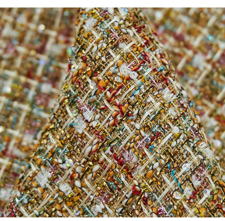 Gold-Pailletten Luxus-Metallgarn-Tweed-Stoff, Gemischtes Fantasiegarn-Texturgewebe für Mantel-, Anzug- und Kleidungsstücke zum Selbermachen, Meterware – Detail 4