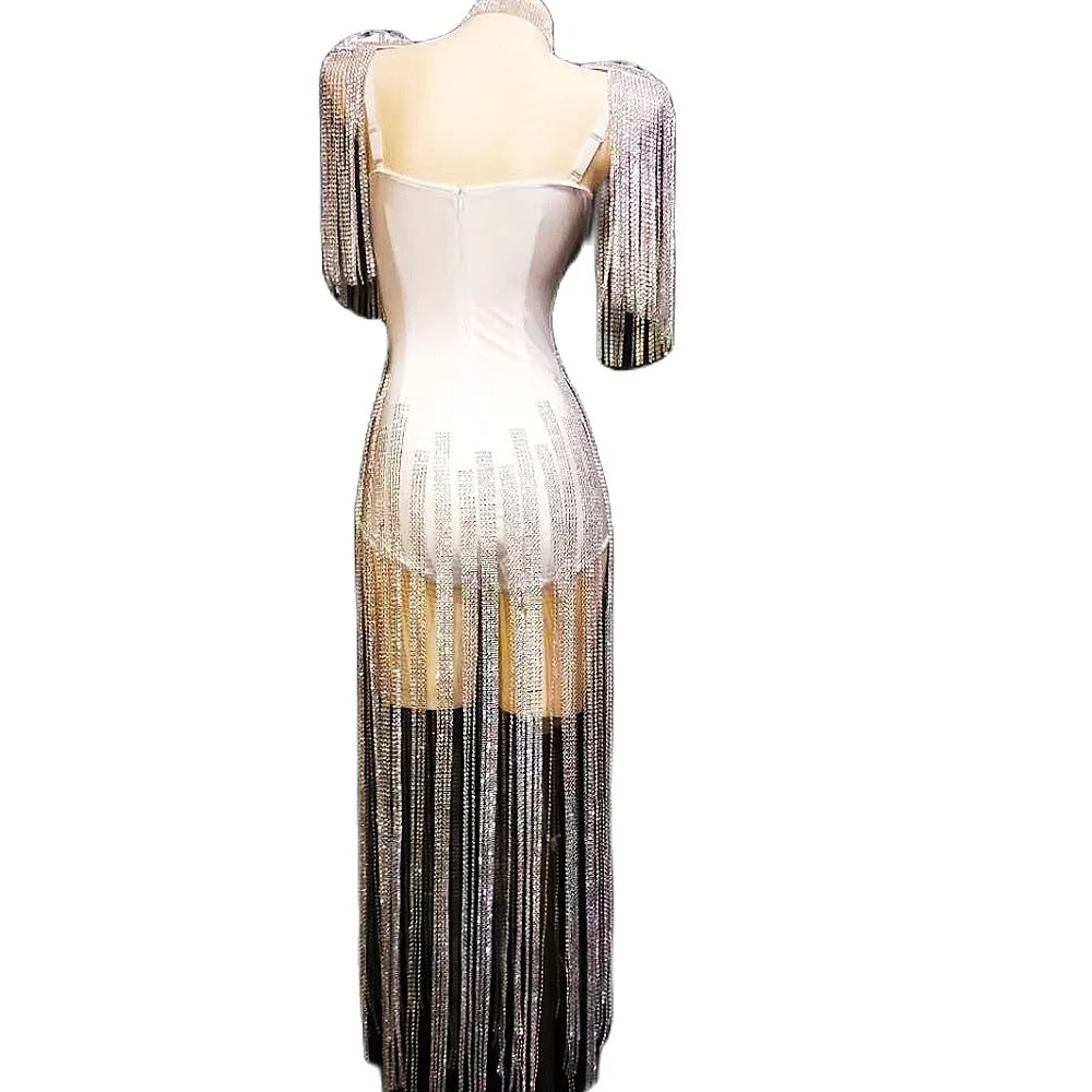 Costumi da donna con paillettes argento brillanti strass cristallo bianco sexy tute lunghe con nappe costumi di pole dance