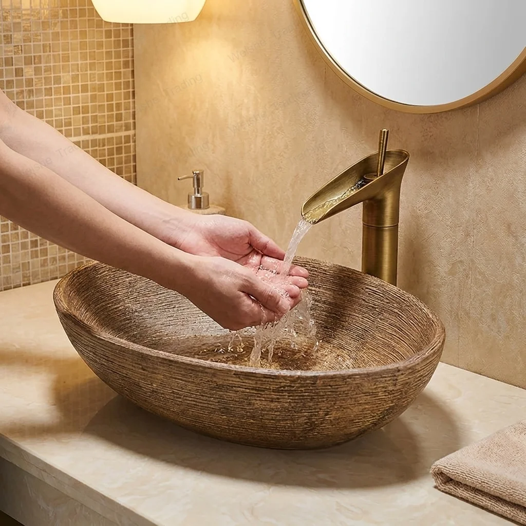 

Vintage Egg Shaped Ceramic Bathroom sinks Creative Art Washbasin Simple Elegant Home Decor Single Luxury Bathroom Wash Basin