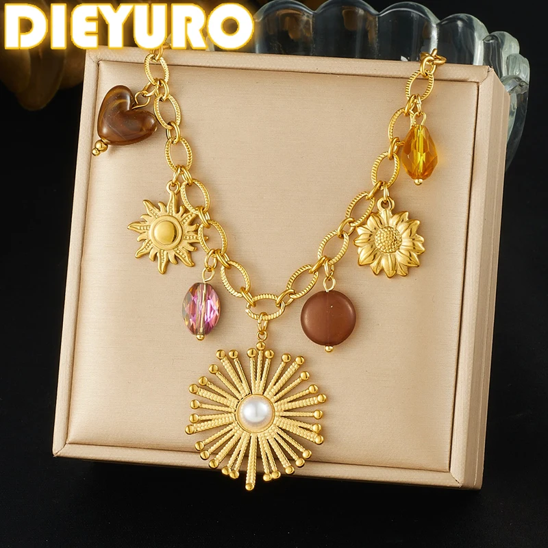 DIEYURO 316L Edelstahl Goldene Sonne Blume Inlay Perle Bernstein Multi Anhänger Halskette Dame Klassische Hals Kette Charme Schmuck