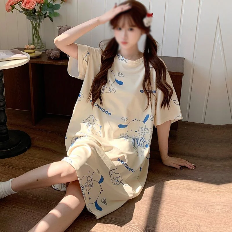 Sanrio Pochacco Pajama Dress Women Long Skirt Nightgowns Y2K Short Sleeve Long Dresses Sleepwear Cute Pijama Home Wear New Style