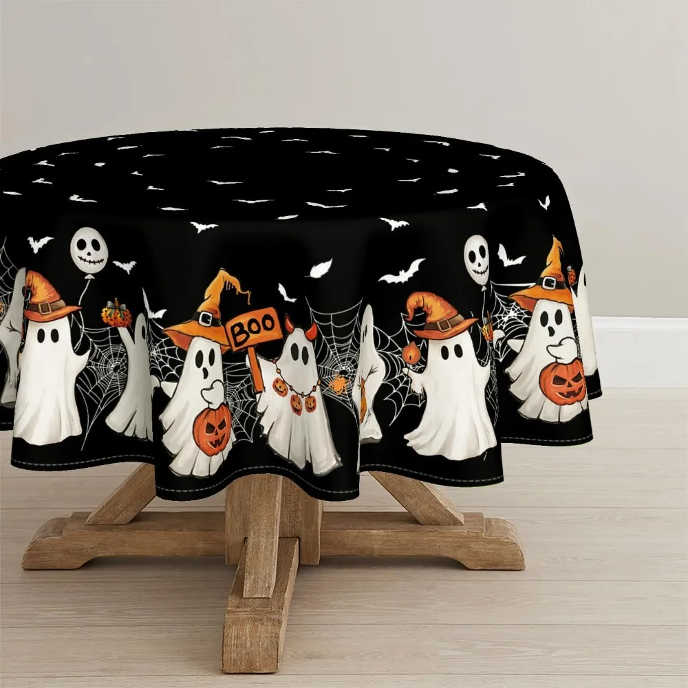Halloween Tablecloth 60×60 Inch Round, Black Bat Ghost Pumpkin Spider Washable Seasonal Table Cover For Party