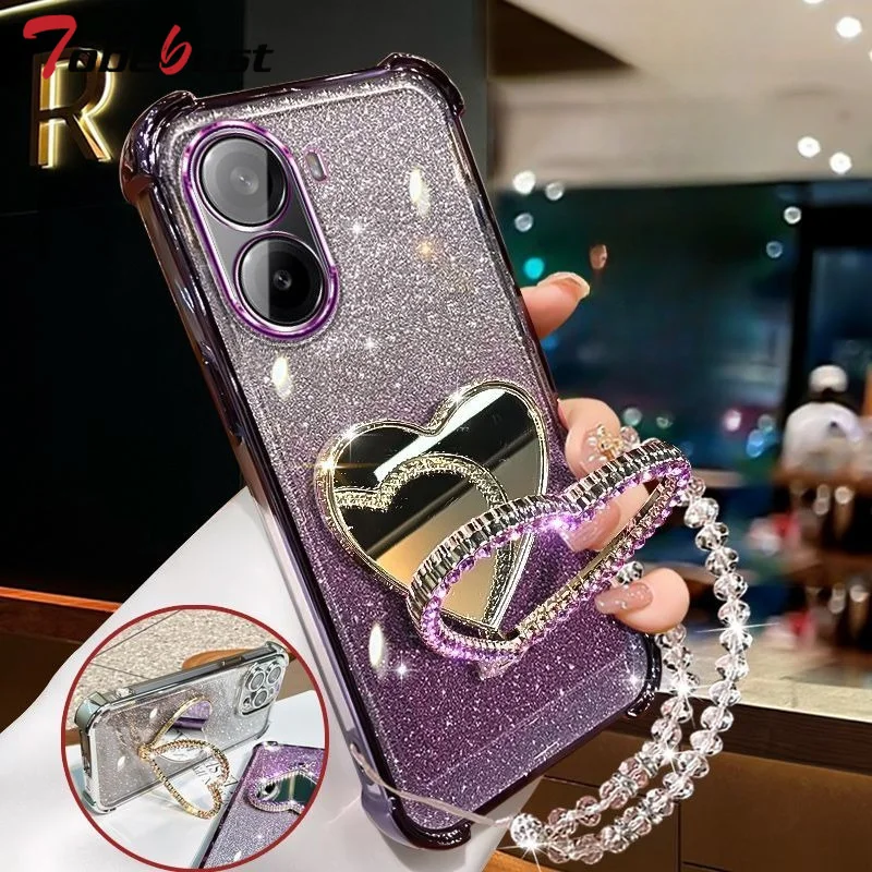 Glitter Love Make-up-Spiegelhalterung, Kristall-Armbandhülle für Redmi A7 Pro A5 A3 A1, stoßfeste Silikonhülle