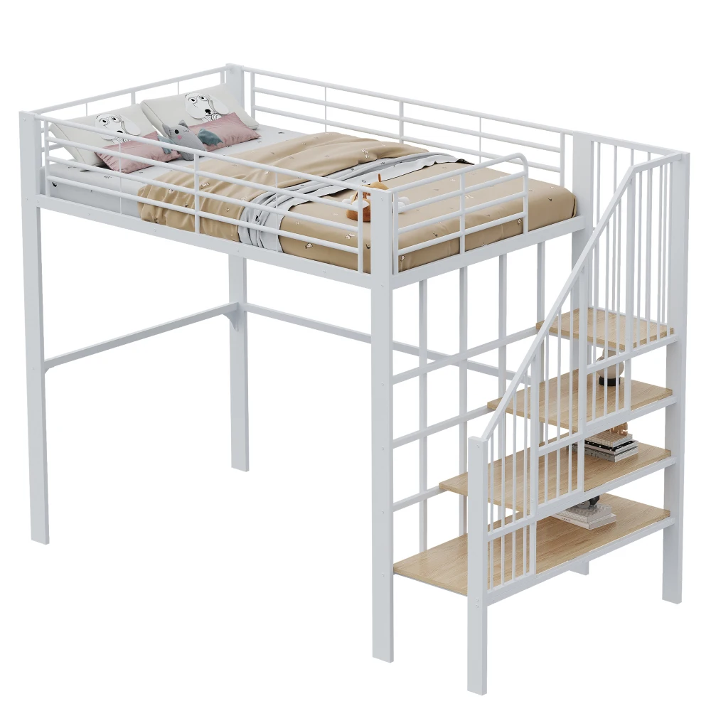 Stabiles Hochbett aus Metall, 90 x 200 cm/140 x 200 cm, mit geräumigem Stauraum unter dem Bett und Treppe für Kinder und Erwachsene, Bettgestelle und -gestelle – Detail 32