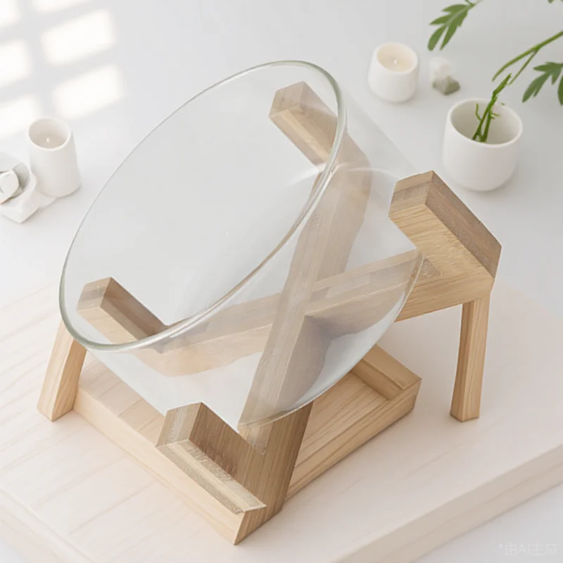 

Heatproof Glass Salad Transparent Food Serving Bowl With Wooden Base Noodle Bowl For Fruit Vegetable Oatmeal Storage