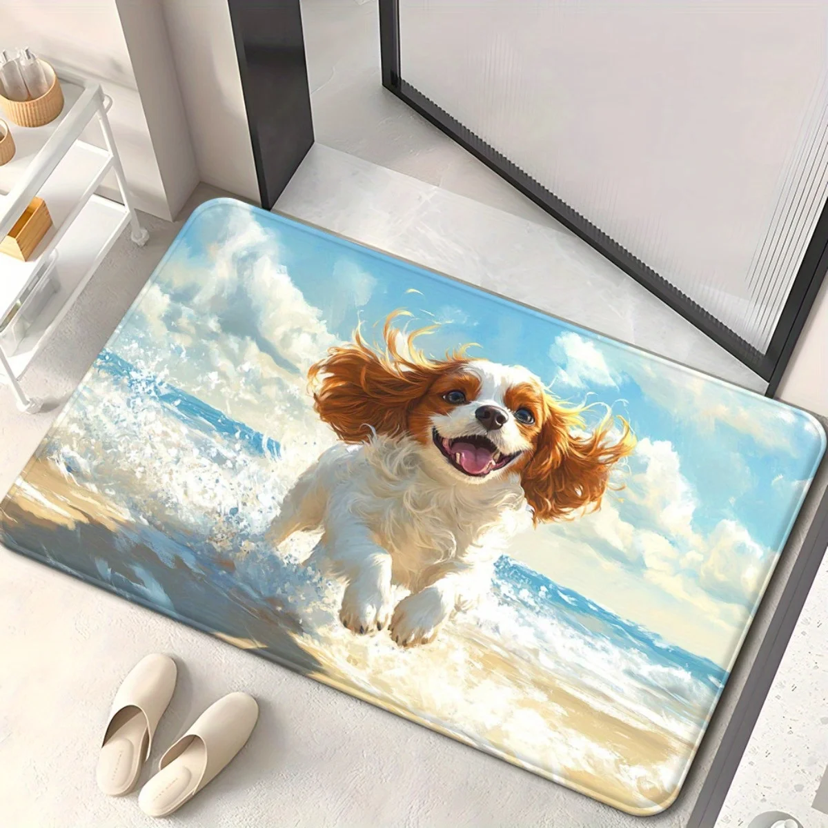 Tapis de porte Cavalier King Charles Spaniel Beach – Polyester, 45×75 cm, absorbant, antidérapant, lavable en machine, utilisation intérieure/extérieure