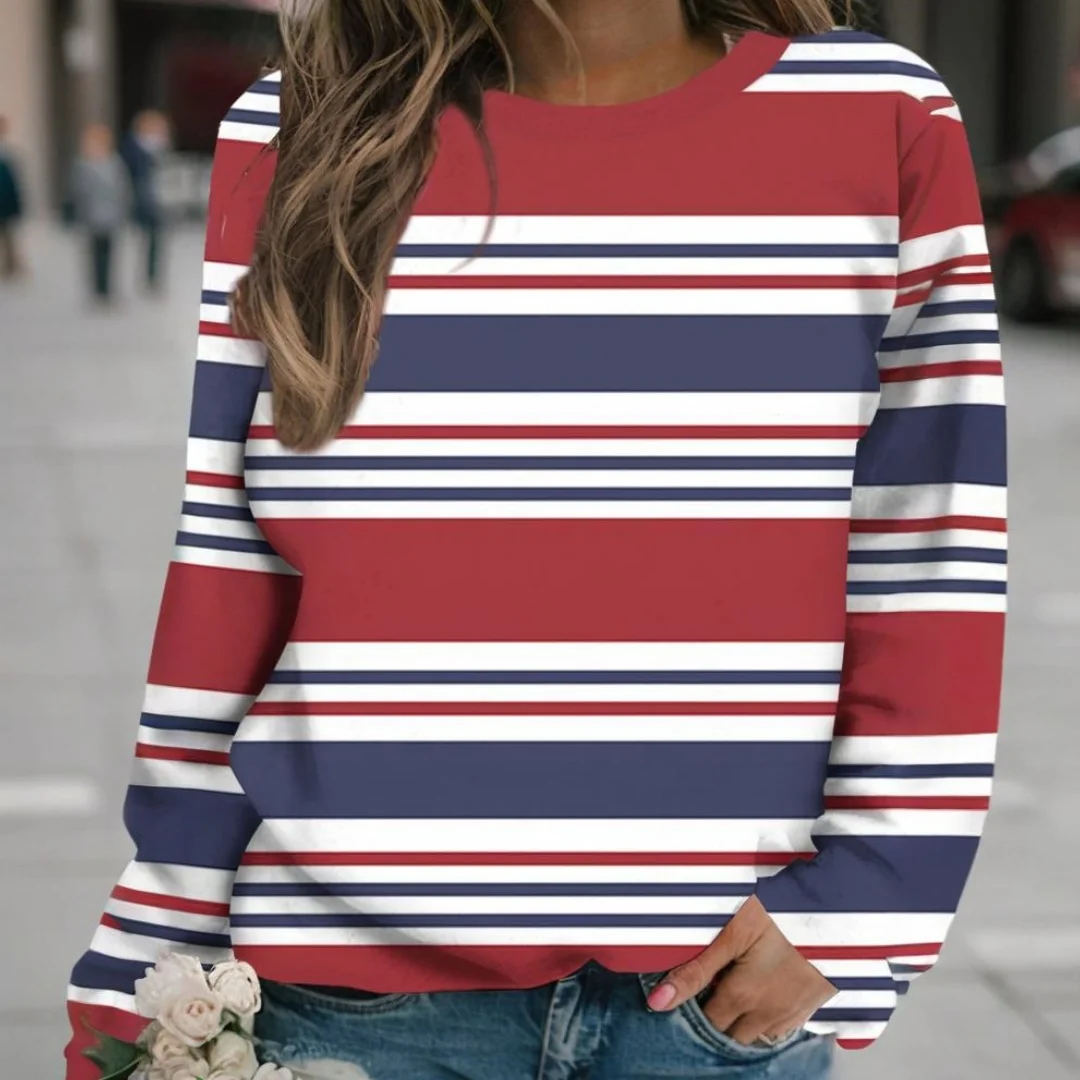 Striped Women's Long-sleeved T-shirt Autumn Outdoor Round Neck T-shirt Geometric Print  Casual OverSize Women's Clothing