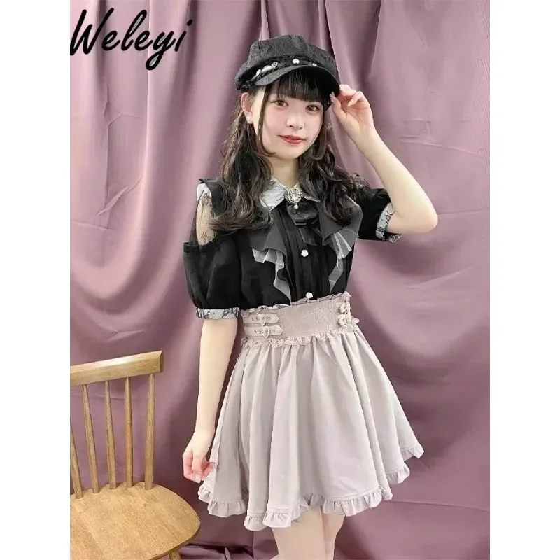 

Kawaii Lolita Blouses Women's All Match Cute Mine Tied Off Shoulder Lace Stitching Pearl Rhinestone Collar Bow Rojita Shirt Tops