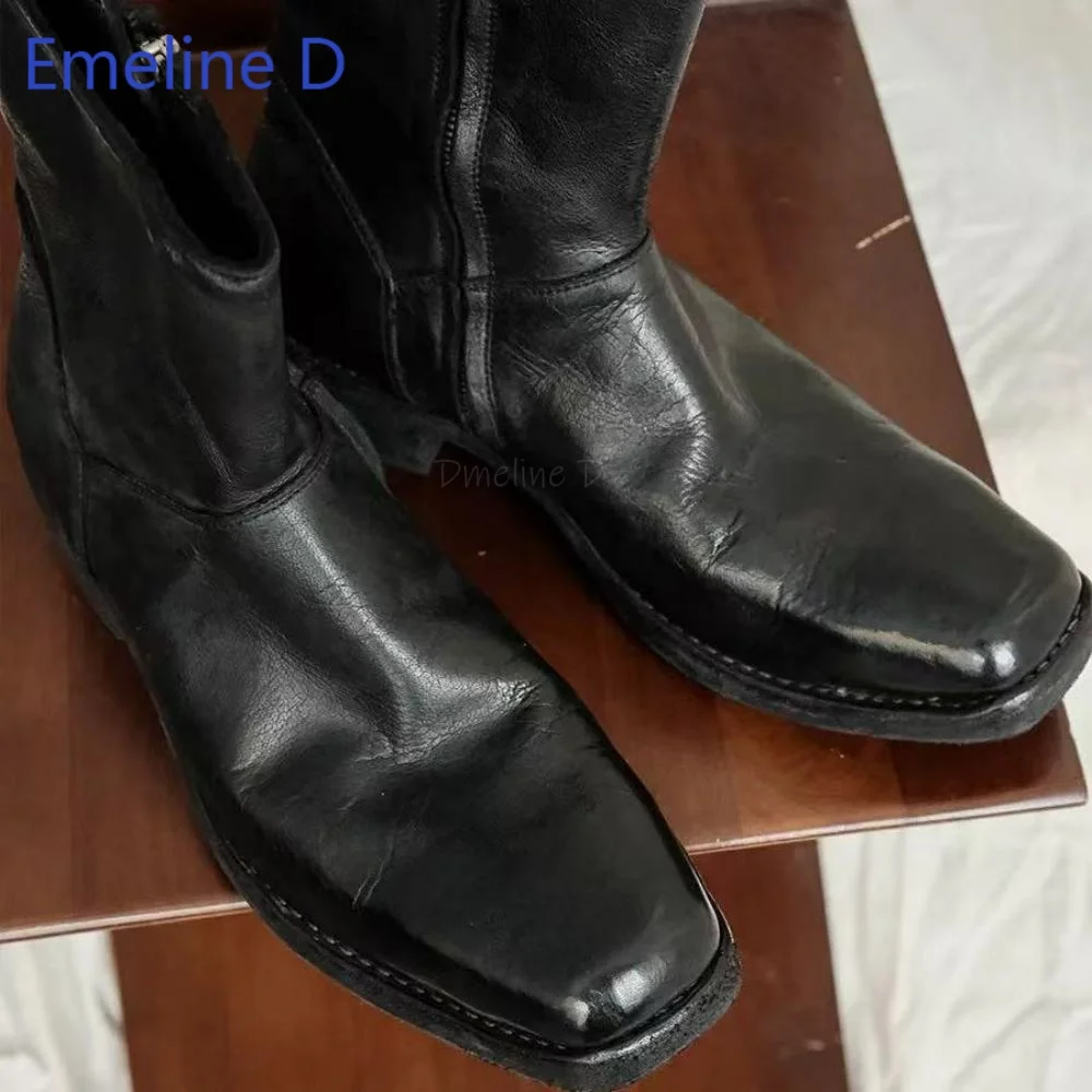 Men Square Toe Ankle Boots Side Zip Textured Leather Surface Low Heel Durable Sole Retro Street Elegant Formal Wear Footwear
