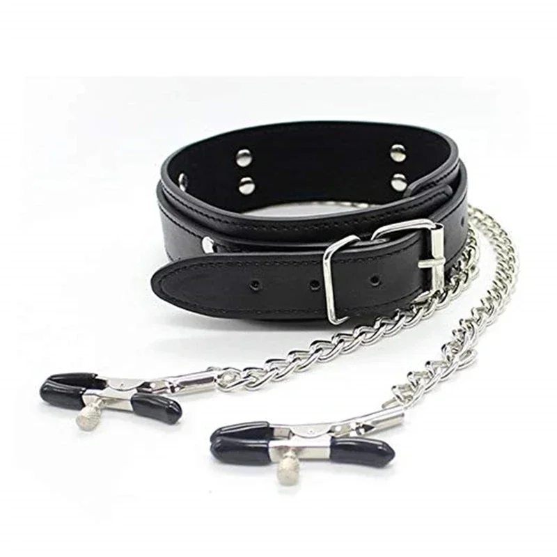 Collare girocollo in pelle sexy con morsetto per capezzoli Catena con clip per seno SM Bondage Coppia SM Giocattoli sessuali per donna Strumenti erotici Giochi per adulti