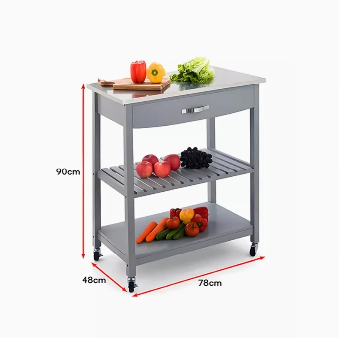 Kitchen Island Cart on Wheels, 3 Tiers Rolling Utility Cart with Solid Wood Top and Drawer & 2 Spacious Storage Shelf