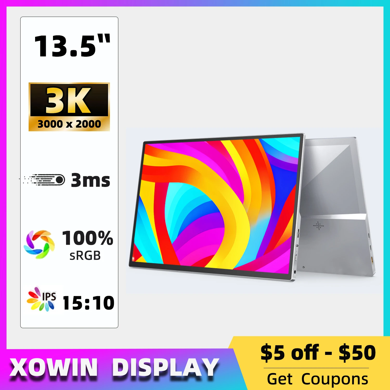 

13,5 дюймовый портативный монитор 3K 480nit 15:10 игровой экран HDMI Type C USB офисный дисплей для телефона переключатель PS5 телефон