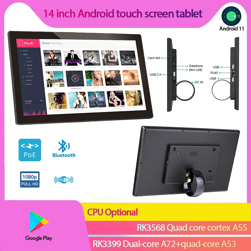 Support de bureau 14 "tablette Android POE FHD 1920*1080 écran tactile IPS, RK3568/RK3399 4G + 32G, wifi, Bluetooth, caméra, prise en charge VESA