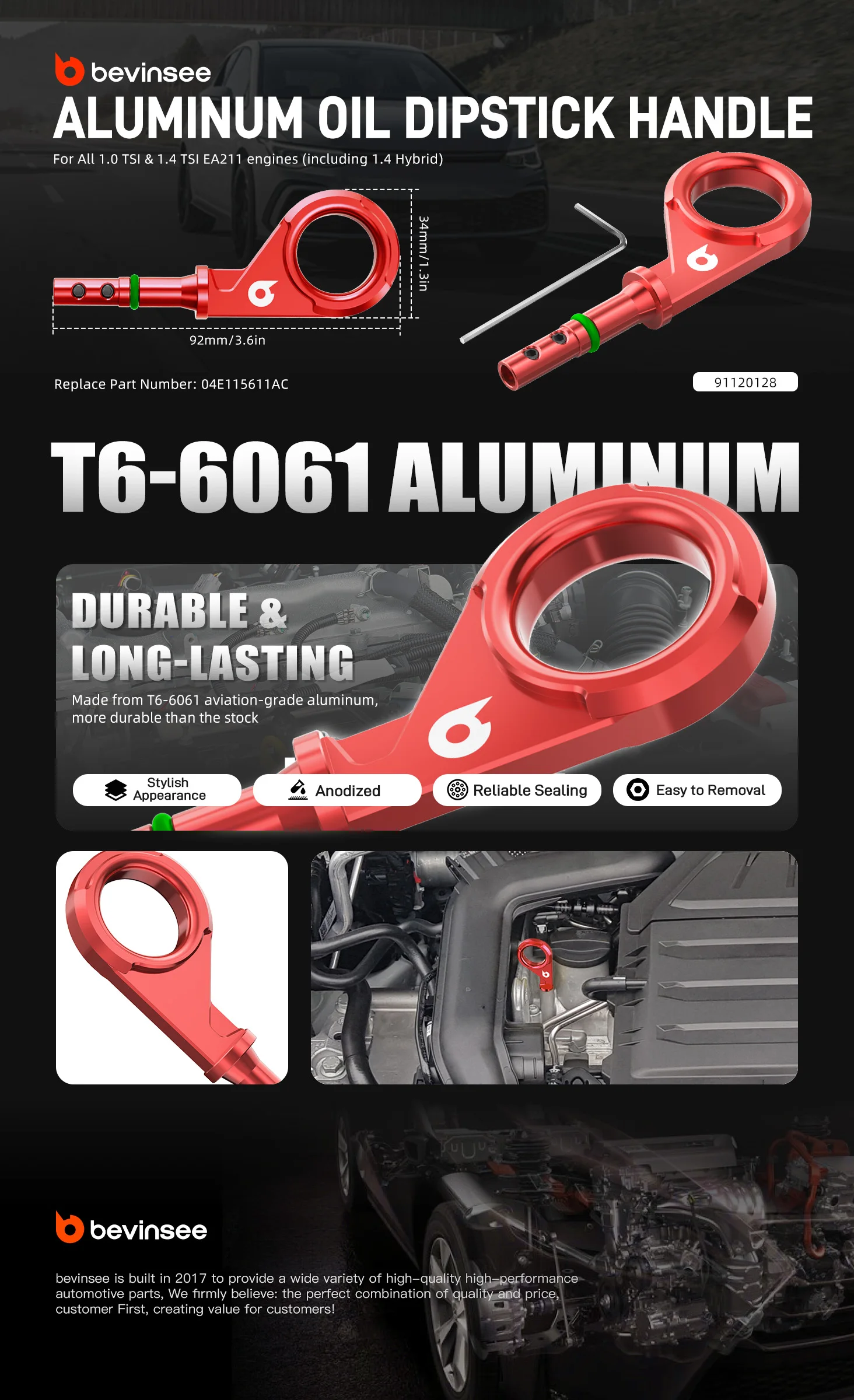 BEVINSEE EA211 Aluminium-Ölmessstab-Griff für VW Golf 7 8 Passat B8 Tiguan Touran für Audi A3 A1, Ersatz für 04E115611AC – Detail 3