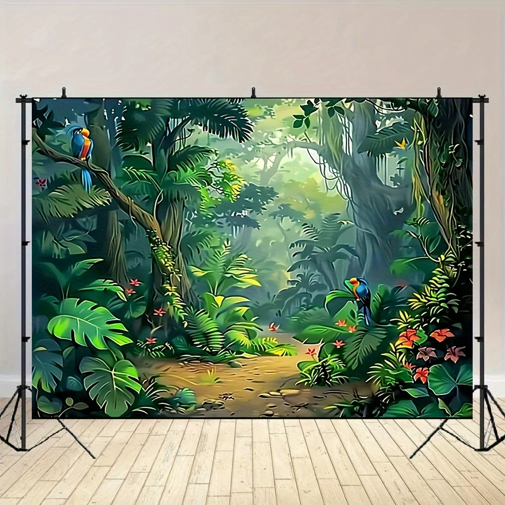Enchanted Jungle Adventure Backdrop - Polyester Fabric, Spring Nature & Rainforest Theme, Green Dirt Road Design For Parties