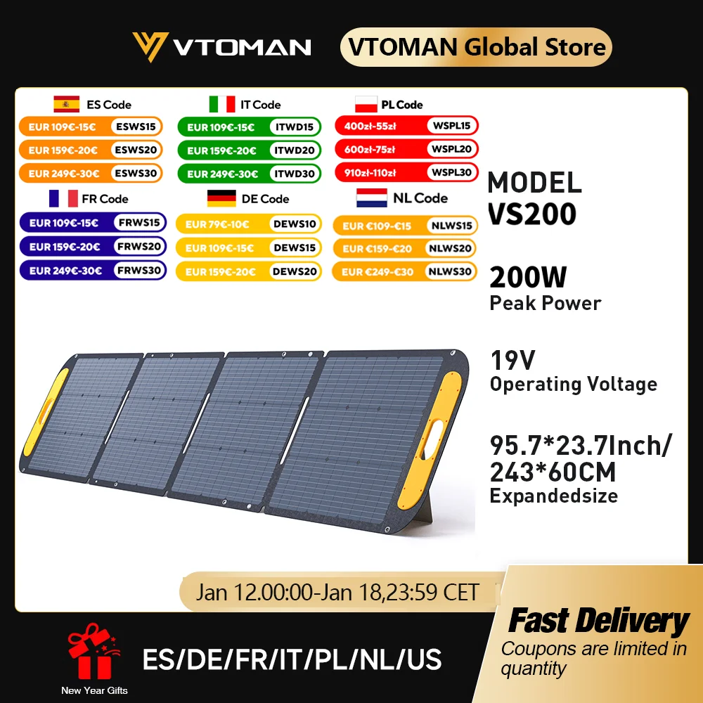 VTOMAN VS200 Pannello solare pieghevole rigido Kit pannello solare portatile da viaggio, telefono e barca ad alta efficienza da 19 V 200 W