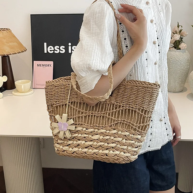 

New Summer Straw Woven Handbags Women Handmade Travel Beach Bag Fashion Shoulder Bucket Bag Ladies Shopping Tote Bag