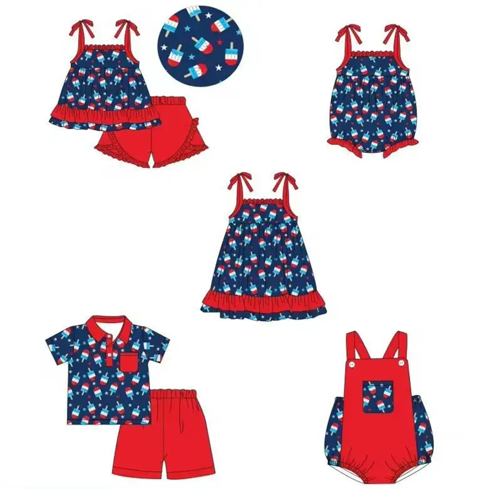 Toddler Independence Day suit popsicle five-pointed star print blue and red matching baby girl suspender dress festive milk silk