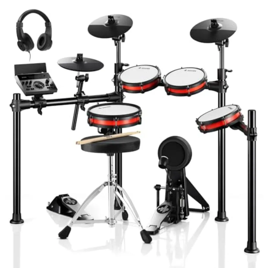 Electronic Drum Set with Bluetooth, Electric Drum Kit with Throne, Headphones, Drumsticks, Melodics Lessons, 450 Sounds E Drum