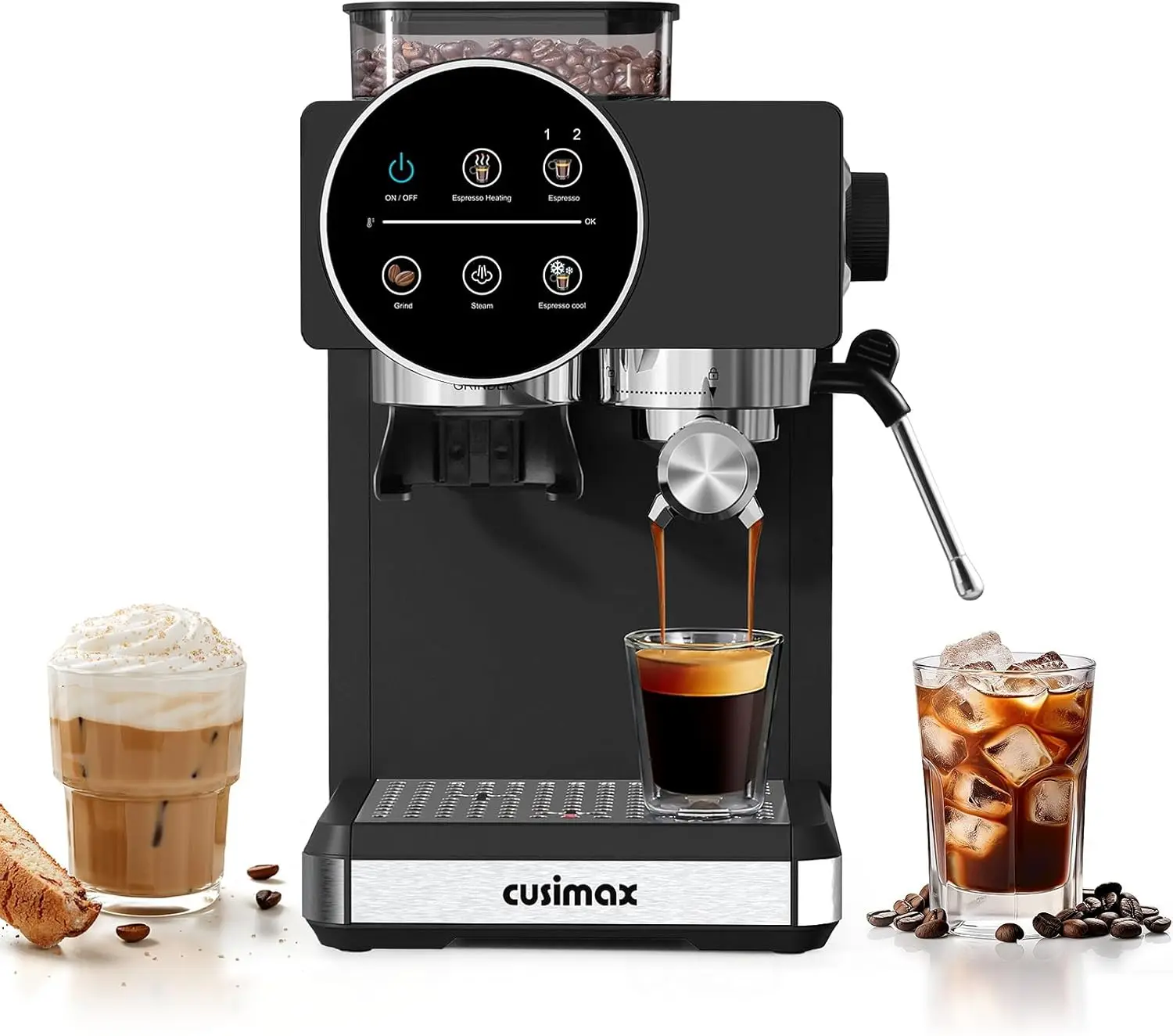 

20 Bar Espresso Machine with Grinder, Milk Frother, 60oz Water Tank, Home Coffee Maker (Black)