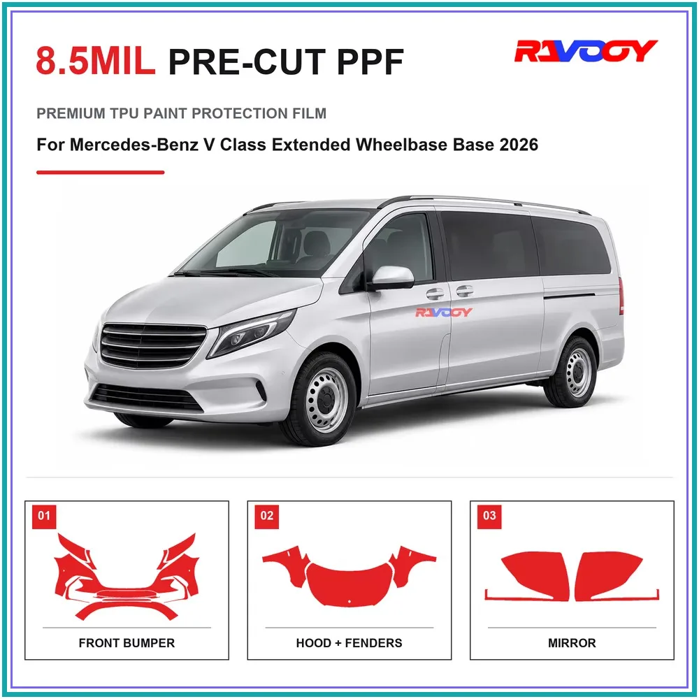 Film de protection de peinture transparent en TPU auto-cicatrisant anti-UV de 8,5 mil, prédécoupé pour Mercedes-Benz Classe V à empattement allongé 2026 – Kit TPU