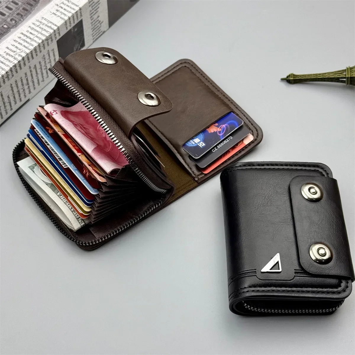 

Luxury Design Men's Short Retro Wallet Multi Slot Purse Style Zipper Multi Compartment Wallet Purse Multi-function Money Bags