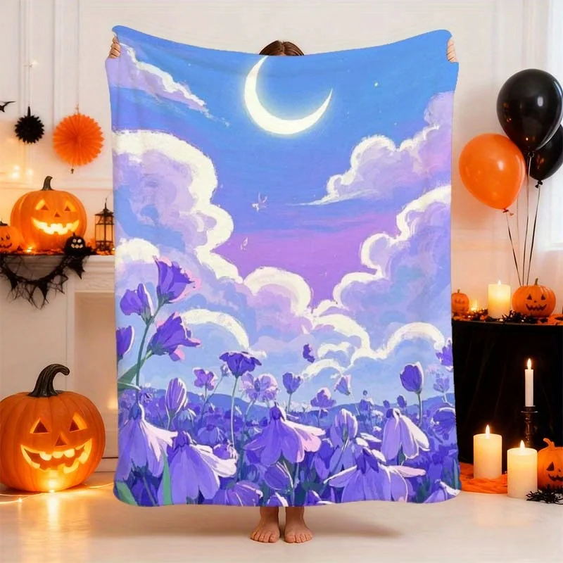 1pc Lavender Purple & Lilac Floral Crescent Moon Blanket - Plush Flannel Bedspread, Wrinkle-Resistant All-Season Soft Bed Cover