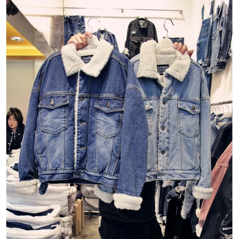 

Sexy Women Cowboy Coats Jackets 2024 Autumn/Winter New Vintage Lamb Wool Loose Collar with Thick Velvet Women's Clothing