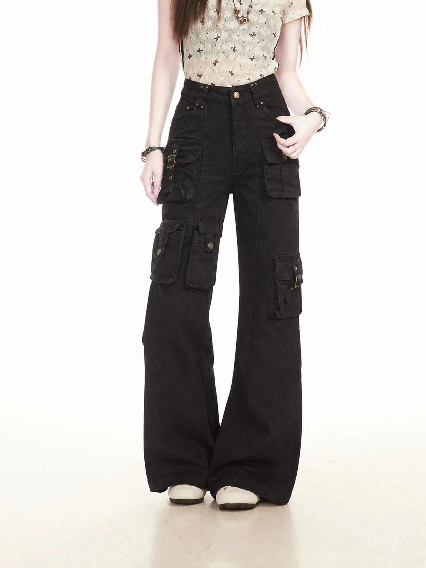 Black Workwear Micro Flare Pants for Women with Big Pockets Casual Straight Leg Trousers Ant High Street Style Skin-friendly ...