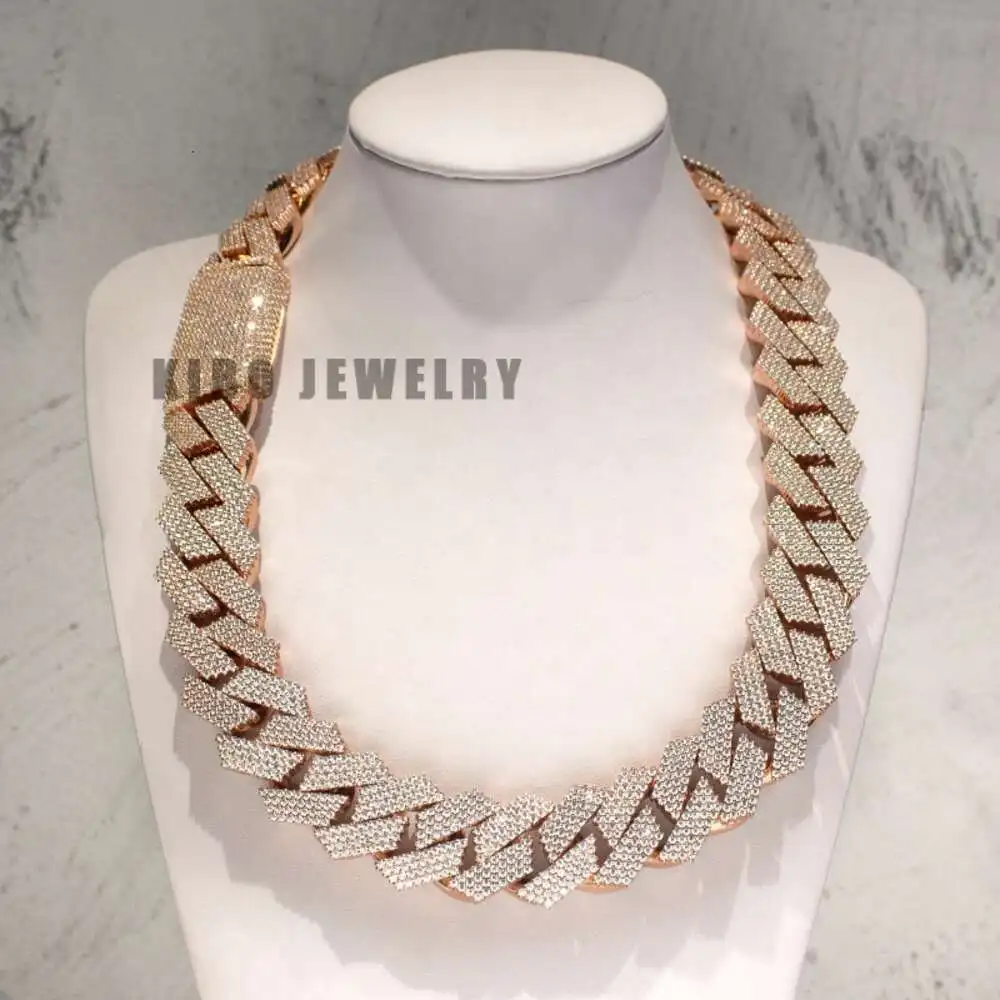 Luxury Rose Gold Hip Hop Custom Necklace Vvs 26mm Wide Heavy Prong Setting Moissanite Cuban Link Chain.