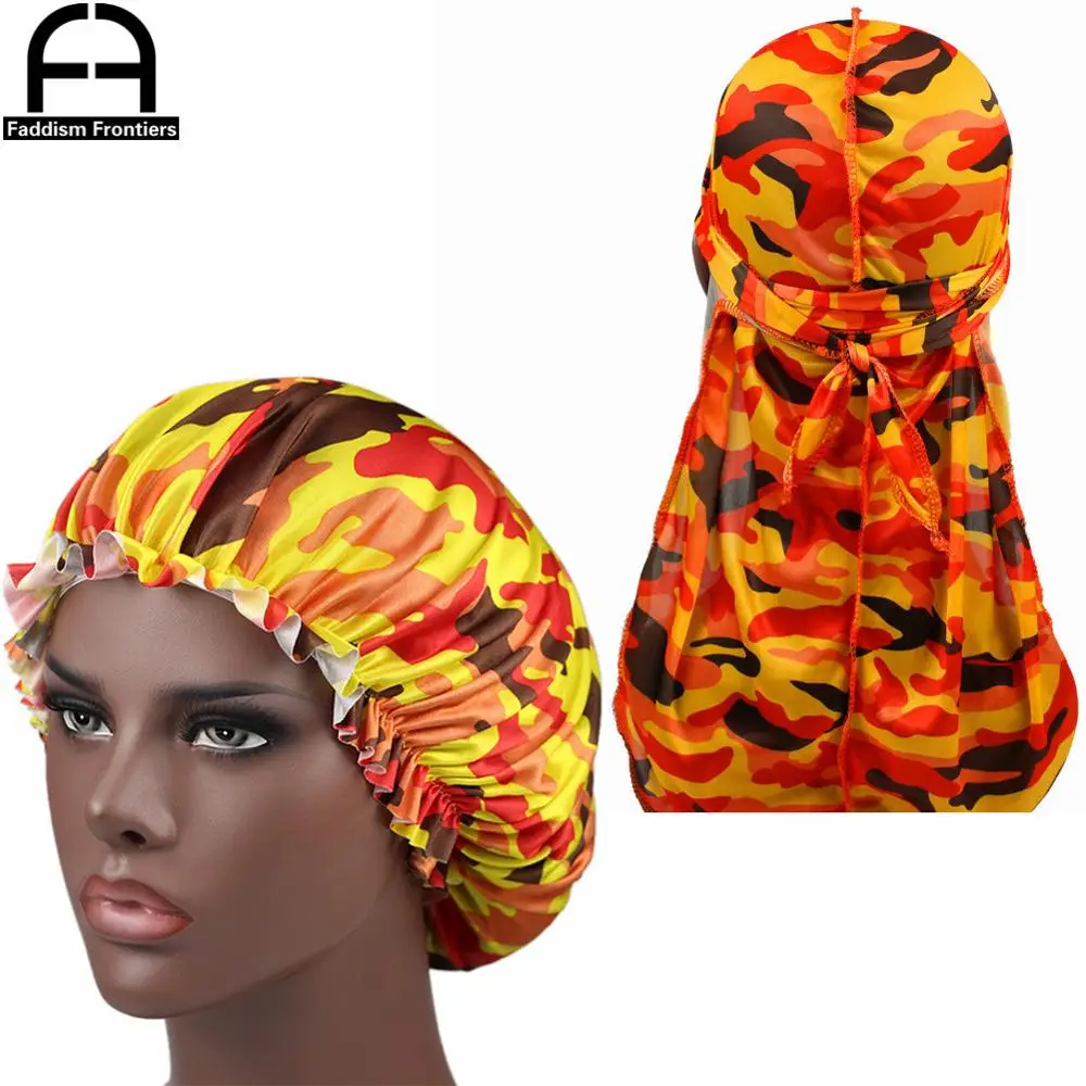 Camo Silky Durag Match Bonnet Women Camo Pattern Print Fabric Ankara Bonnets Sleeping Cap Ladies Turban