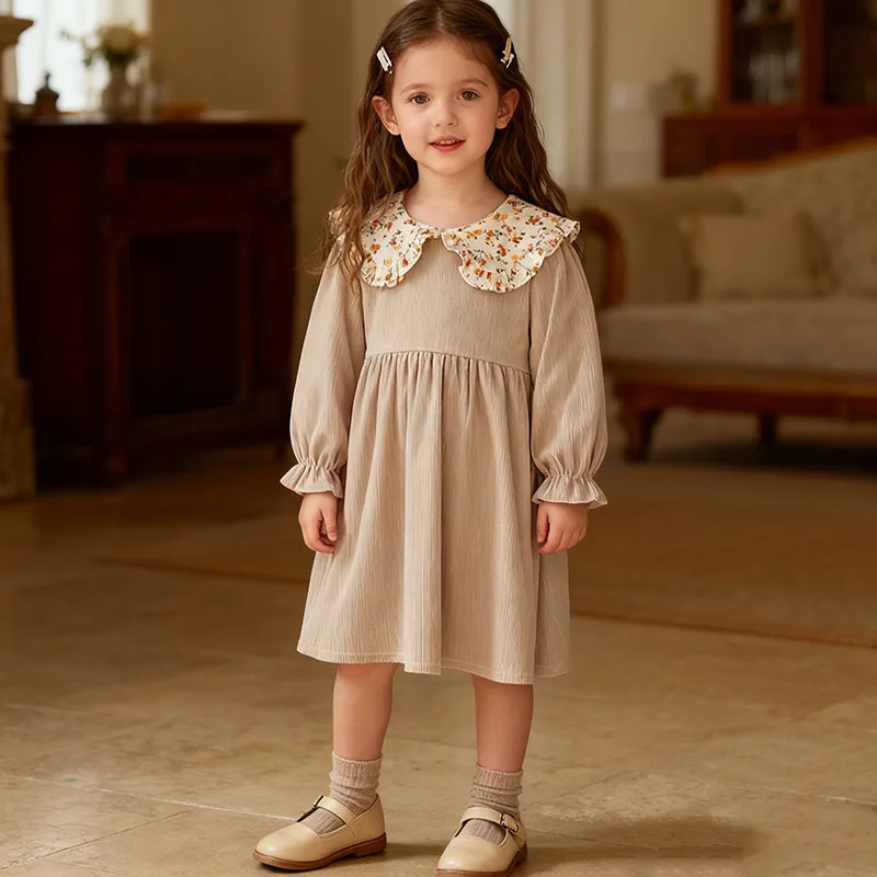 YBFSKID 2026 Spring Children Girl Dress Peter Pan Collar Floral Print Kids Babys Girls Dress Loose Ruched Infant Baby Girl Dress