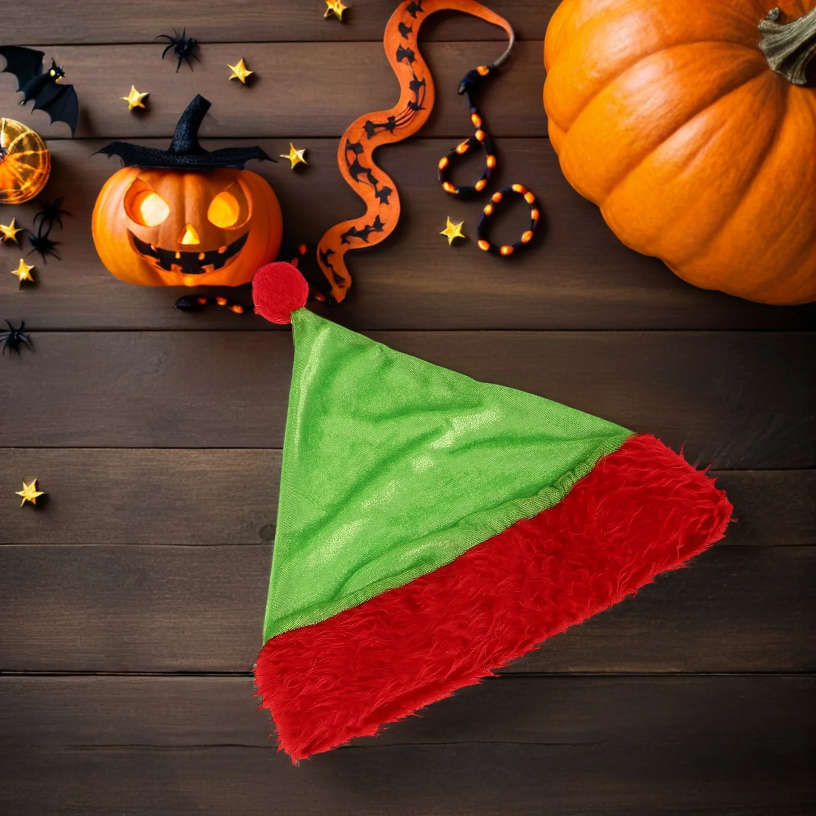 

Santa Hat Green Furry Monster Gloves Set Christmas Halloween Party Cosplay Costume Accessories Festive Themed Event for Holiday