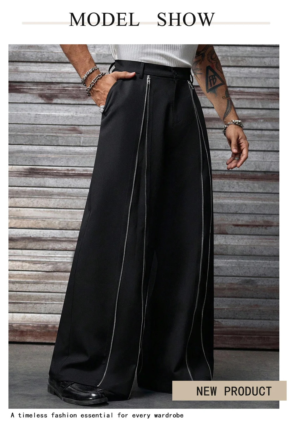 Frühling/Sommer Herren Einfarbige Gewebte Hose, Reißverschluss-Dekor, Hohe Taille, Locker Geschnittene Weite Beine, Lässige & Formelle Anzughose für den Täglichen Arbeitsweg – Detail 2