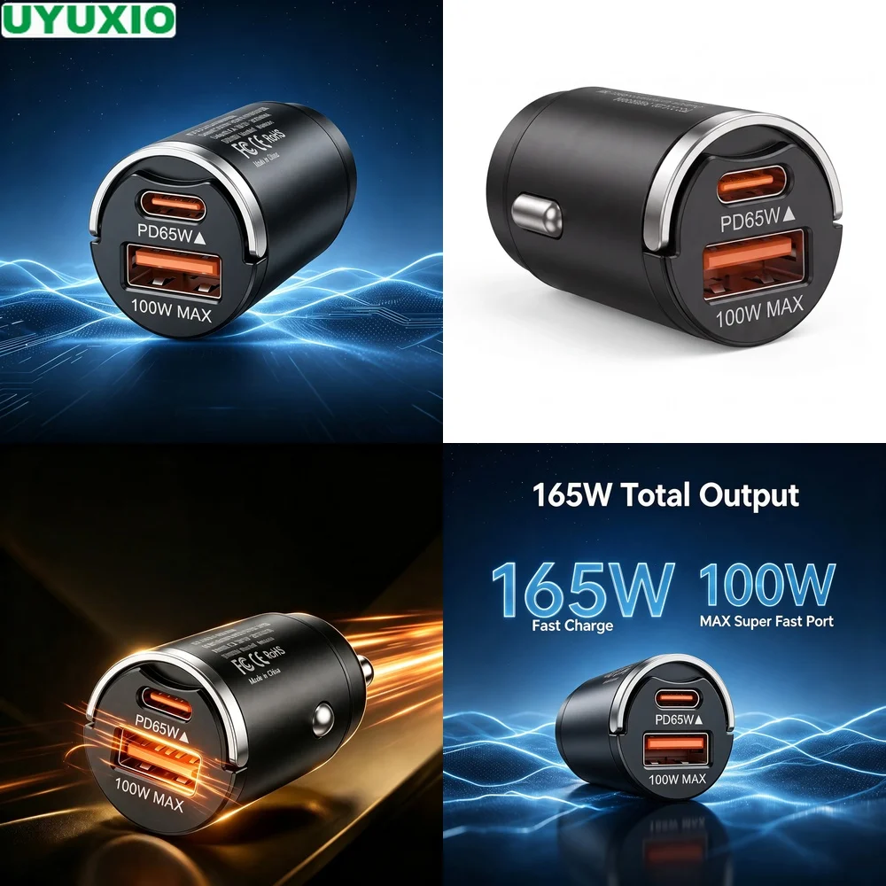 165W Mini Dual Port Car Charger Compact Zinc Alloy Metal Body PD 65W Type C and 100W USB A Power for Mobile Devices and Laptops