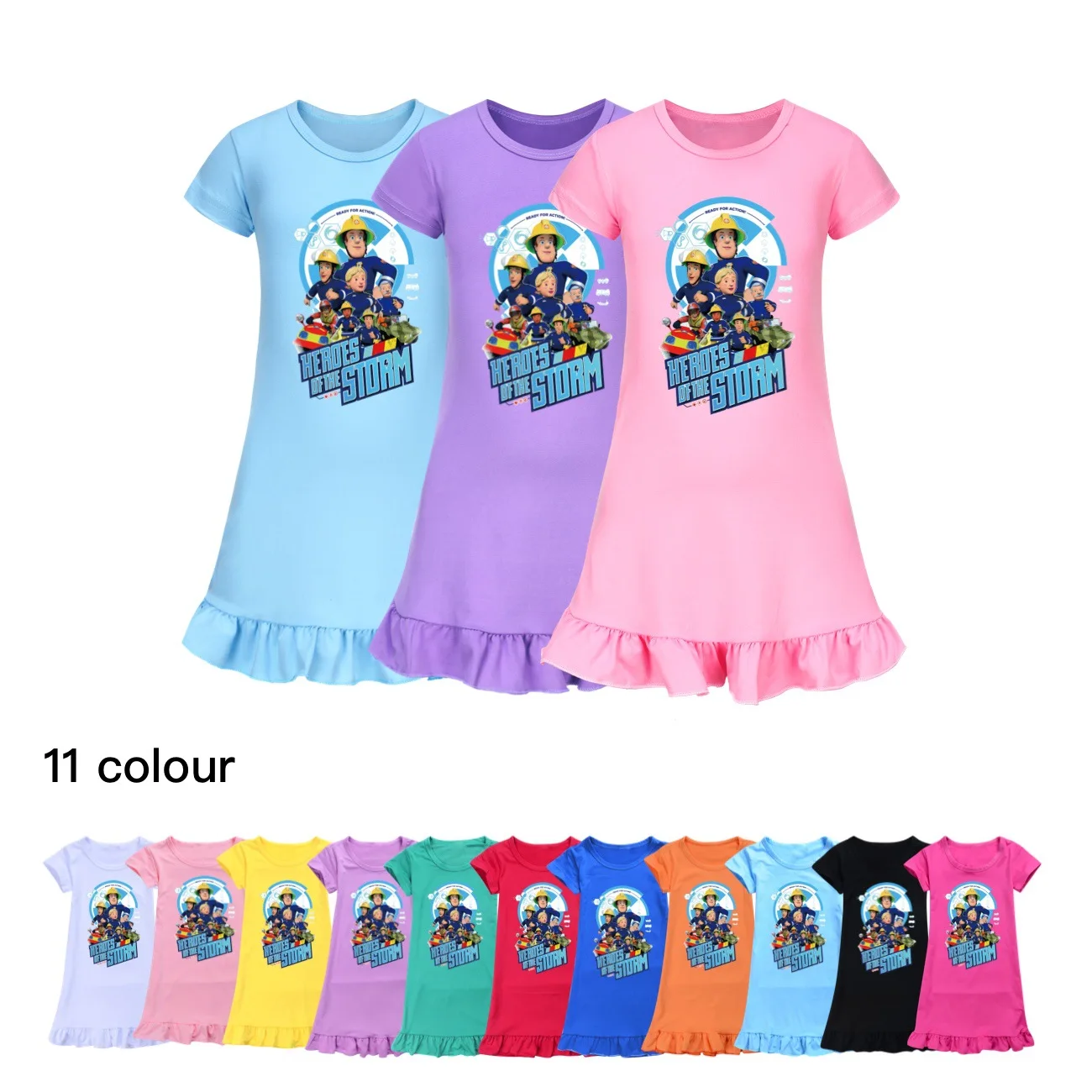 Fireman Sam Clothes Kids Summer Pajamas Dress Baby Girls Short Sleeve Casual Dresses Children's Cartoon Sleepwear 2-14Y