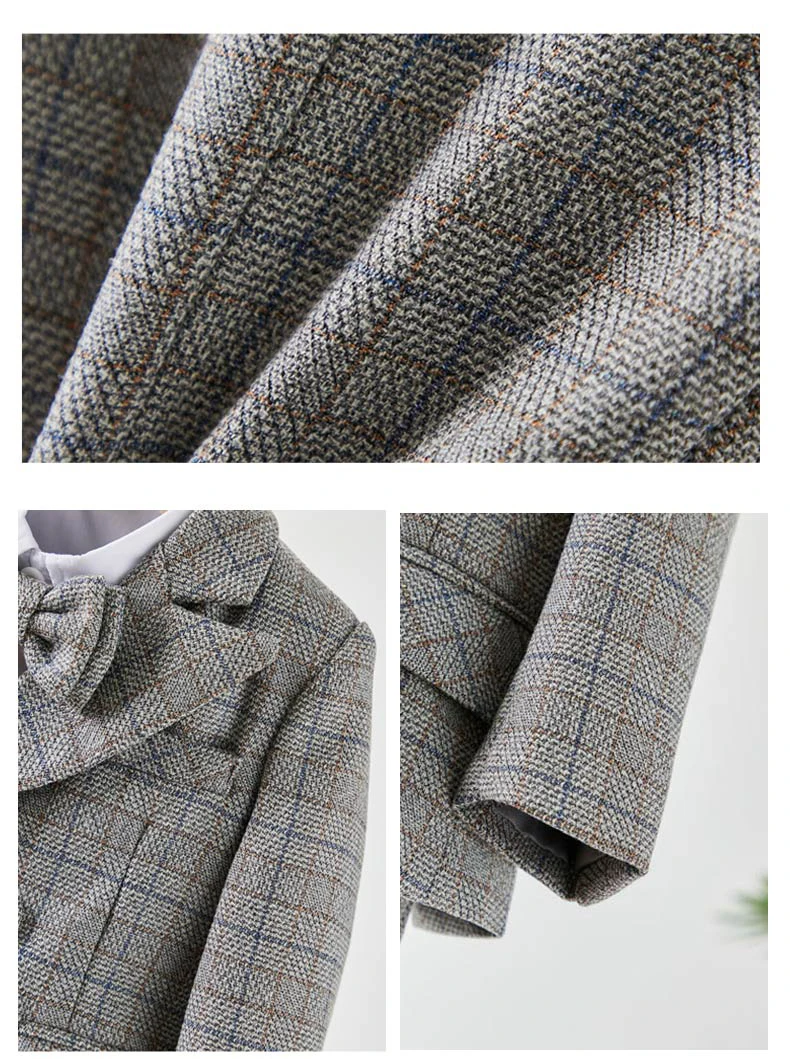 Kinderanzug für Jungen im Gentleman-Stil mit Karomuster, Jacke, Hose, Hosenträgern und Fliege, Formelles Hochzeits- und Fotografie-Kostüm für Babyjungen – Detail 3