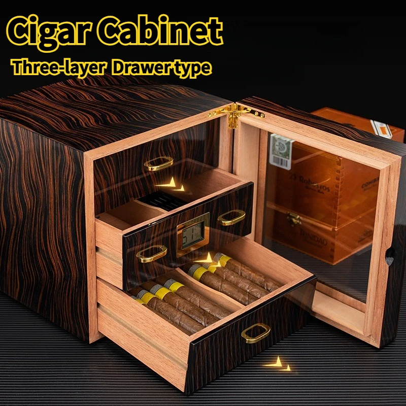

Humidor large capacity three-layer perspective window high-gloss lacquered cedar wood cigar humidifier