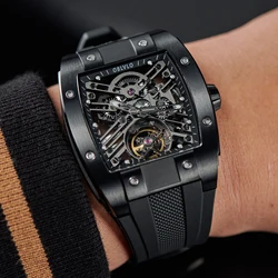 OBLVLO Fashion Black PVD Barrel Shape Hollow-out Automatic Watch Skeleton Rubber Waterproof Mechanical Watches For Men EM-ST