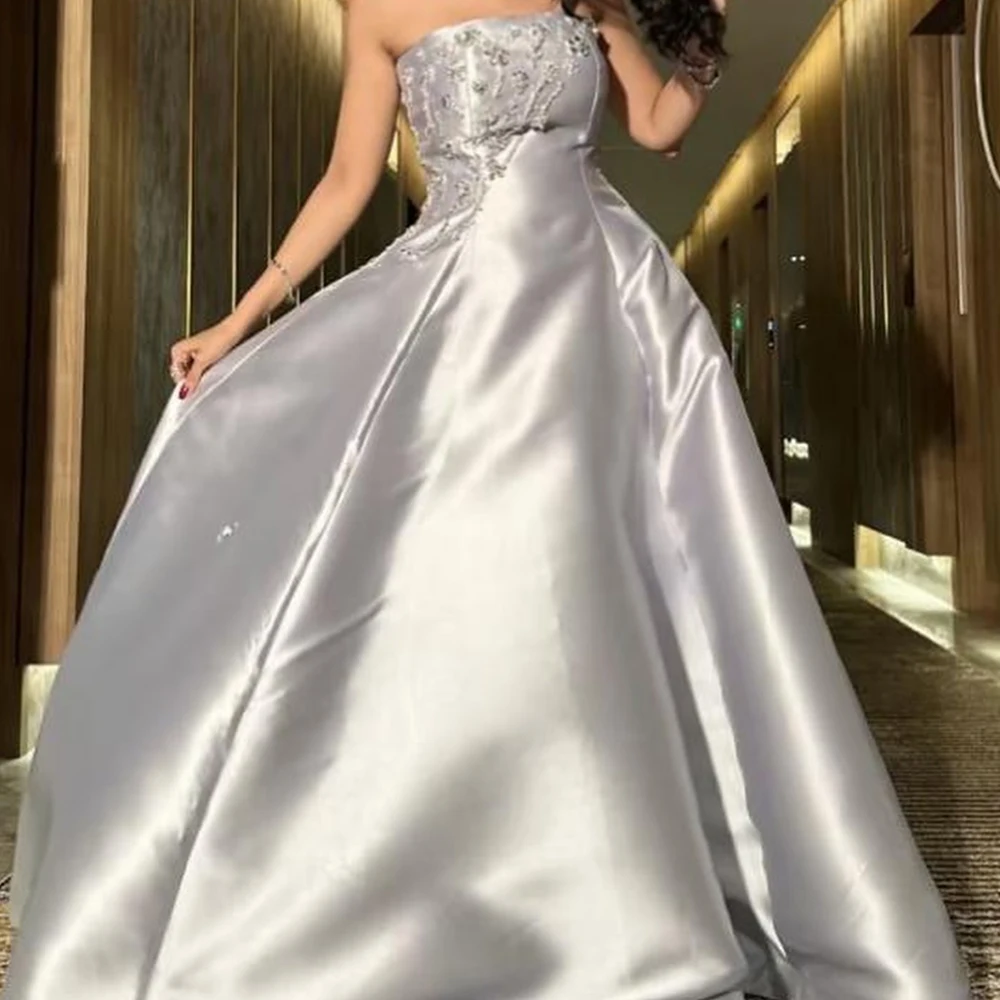 

Customized Temperament Satin Crystal Evening Dress Delicate Floor Length Strapless Sleeveless платье вечернее Custom Size