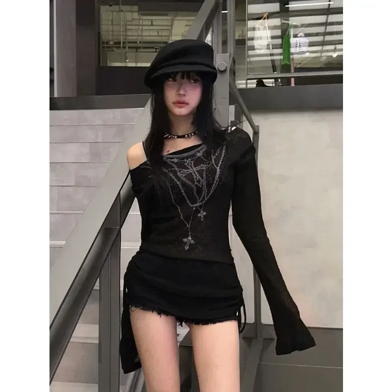 女性用長袖Tシャツ,裸の肩,裸の肩,セクシーなアメリカのプリント,y2k