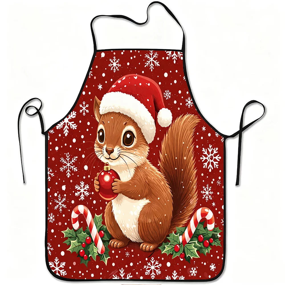 1pc Christmas Squirrel Candy Cane Snowflake Print Apron, Durable And Easy To Clean, Adjustable Waistband, Polyester Material, Fo