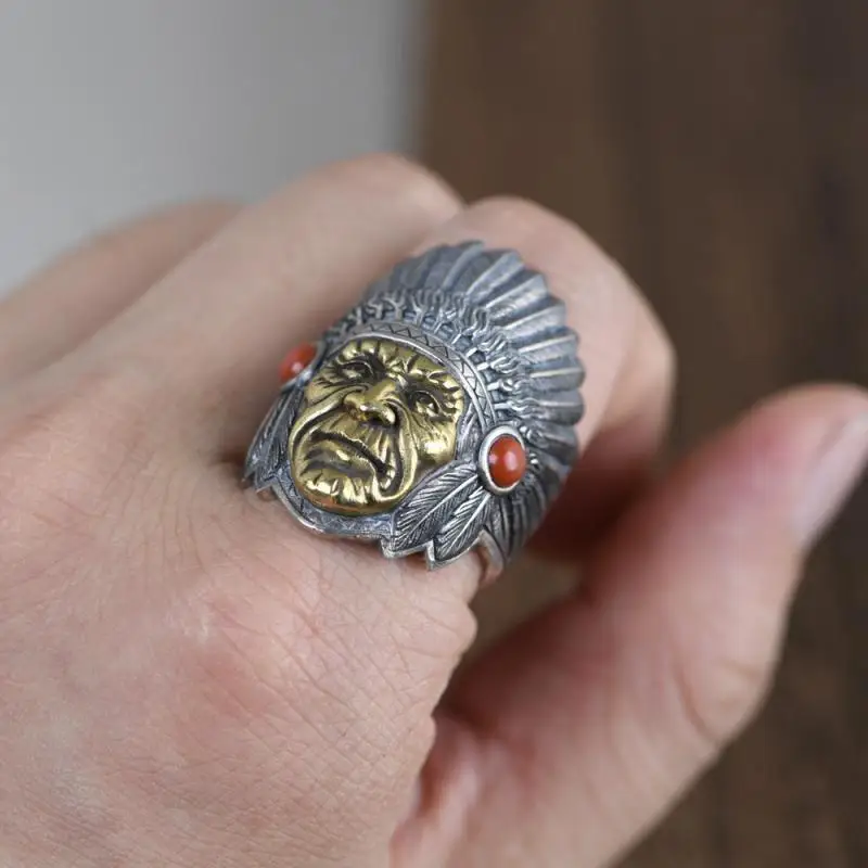 S925 Silver jewelry Accessories Vintage Craft Ring for Man Chief Feathered portrait Head Fashion Christmas Gift