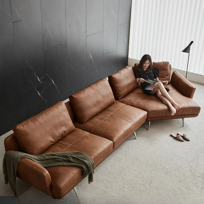 Light Luxury Modern Full Leather Combination Sofa, Large Family Living Room Leather Sofa, Italian Minimalist Corner Sofa