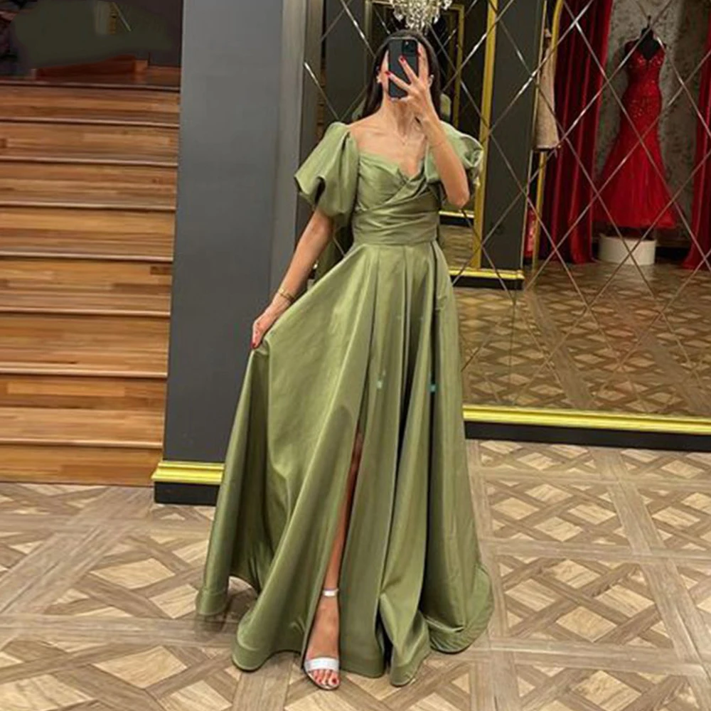 

Green Sexy Leg Slit Prom Dress Vintage Puff Sleeves Satin Formal Evening Gown Arabic Plus Size Party Pageant Dress Zipper Back