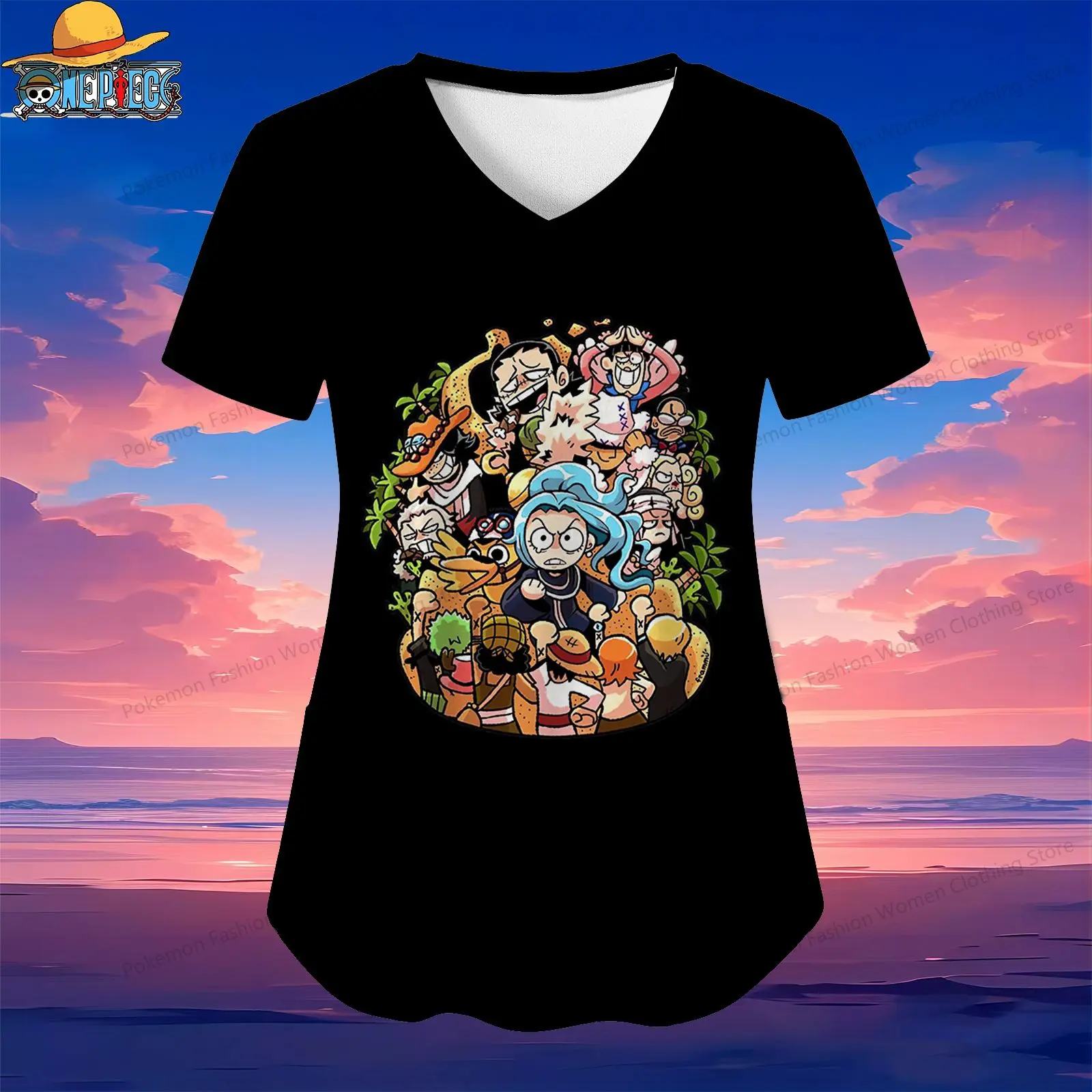 

Pocket Women's V Neck Nurse Uniform T-Shirt One Piece Summer Short Sleeve Woman Clothing 2024 Anime Street Wear Luffy Top S-2XL