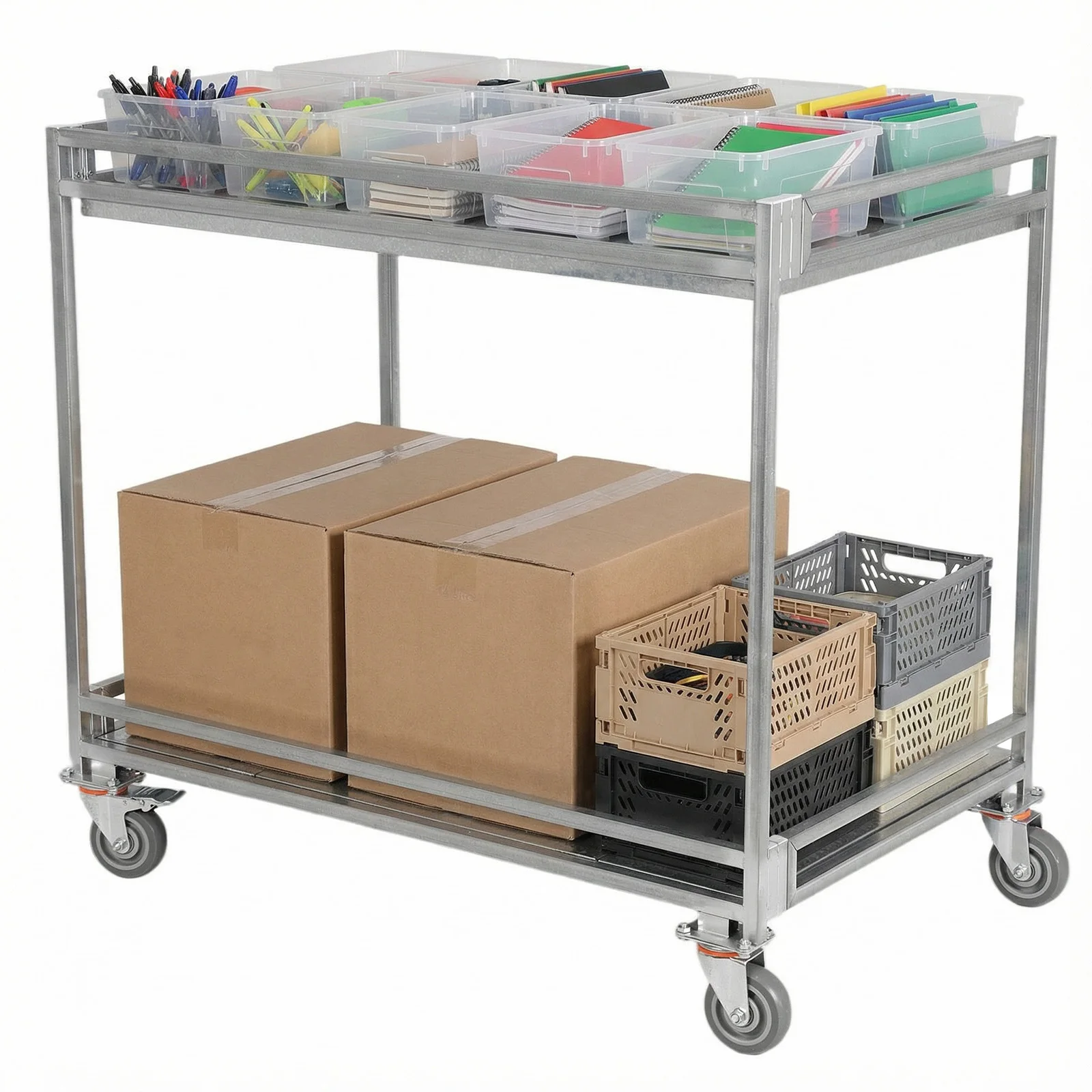 

Двухуровневая металлическая тележка-стеллаж на колесах, грузоподъемность 300 кг, с ручкой, для склада и гаража